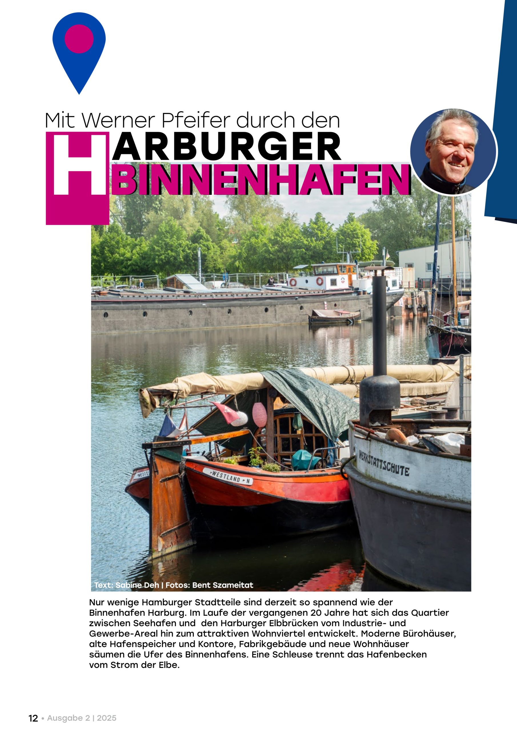 Seite 12 des MieterJournals 2/2025 zeigt den Harburger Binnenhafen.