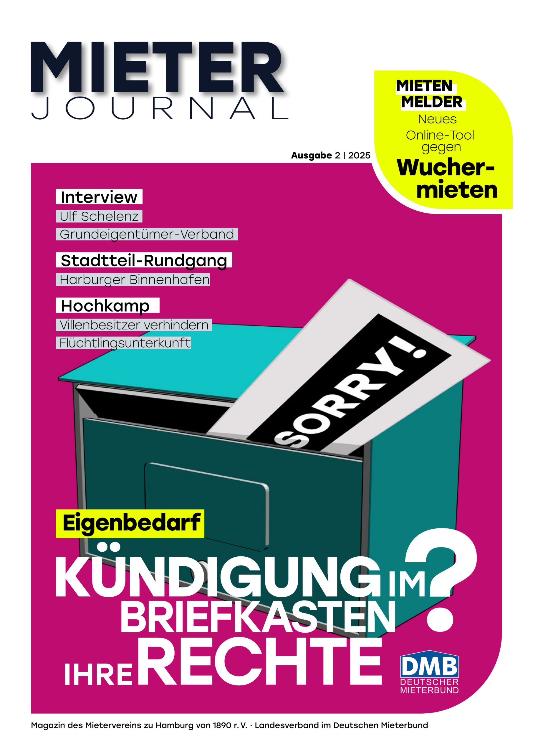 Die Titelseite des MieterJournals 2/2025 zeigt einen Briefkasten in dem ein Kündigungsschreiben des Vermieters steckt.