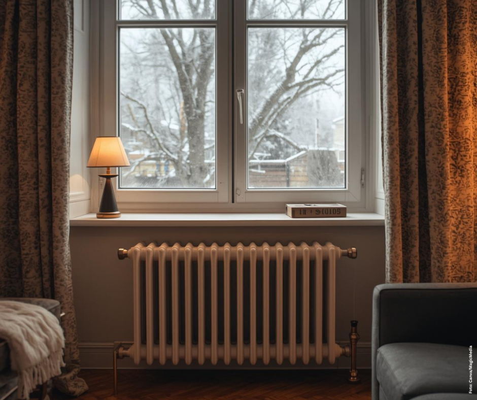 Ein Foto von einer warm eingericheten Wohnung, bei dem die Heizung im Mittelpunkt steht. Aus dem Fenster sieht man einen Baum der leicht mit Schnee bedeckt ist.