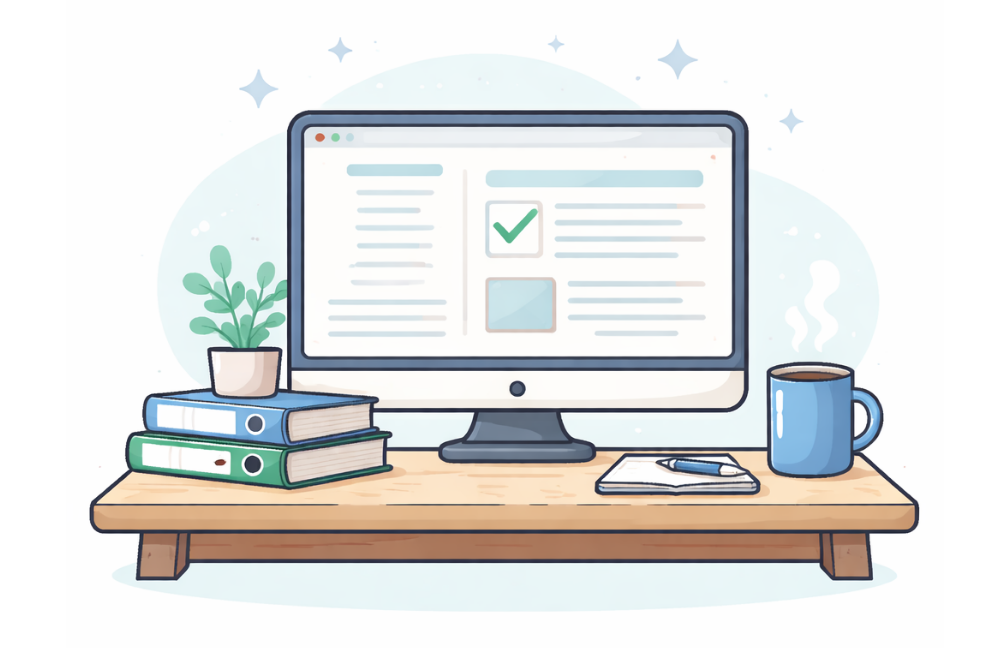 Schreibtisch mit Computer und Unterlagen.