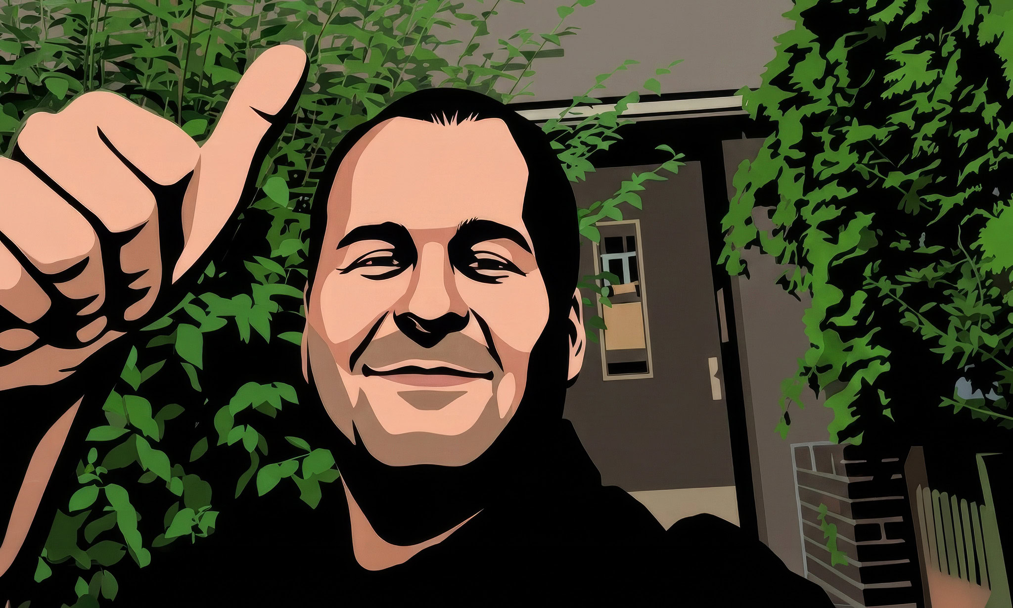Mann als Cartoon hält Daumen hoch.